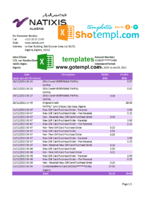 Algeria Natixis Algerie bank statement template in Excel and PDF format