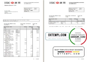 Hong Kong HSBC The Hongkong and Shanghai Banking Corporation bank statement template in Excel and PDF format (2 pages)