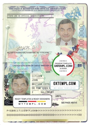 United Kingdom of Great Britain and Northern Ireland passport template in PSD format, + editable PSD photo look