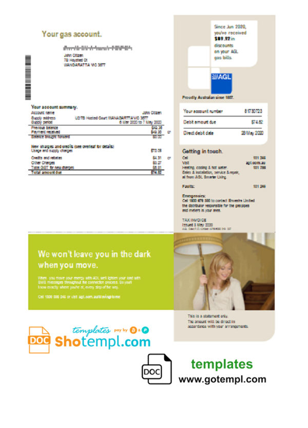 Australia AGL gas utility bill template in Word and PDF format