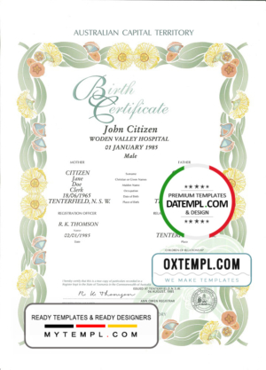Australia Australian Capital Territory decorative (commemorative) birth certificate template in PSD format