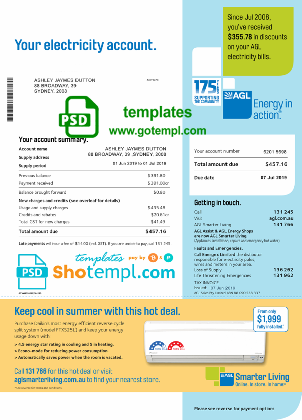 Australia AGL electricity utility bill template, fully editable in PSD format