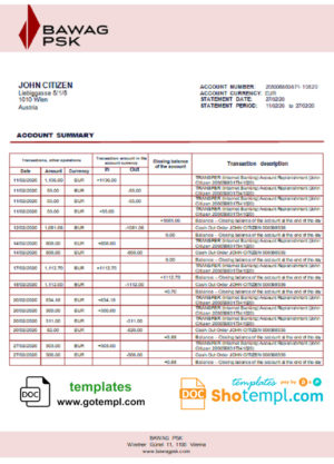 Austria BAWAG PSK bank statement template in Word and PDF format