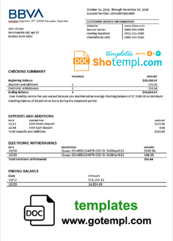 Argentina BBVA proof of address bank statement template in Word and PDF format (.doc and .pdf)