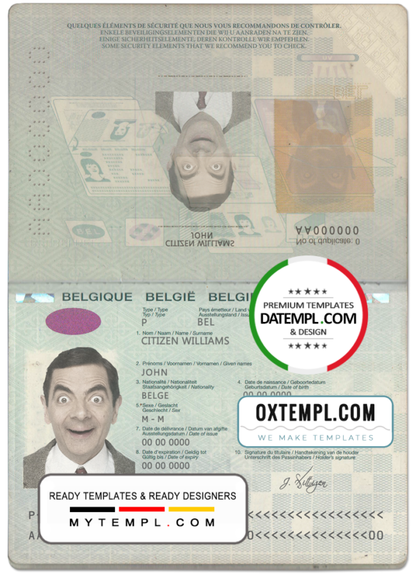 Belgium passport template in PSD format, 2014 - 2017