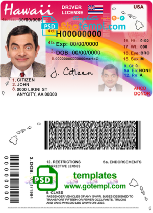 Hawaii driving license template in PSD format