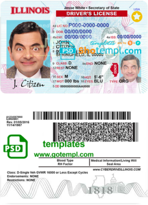 USA Illinois driving license template in PSD format