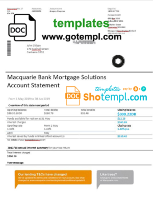Australia Macquaire proof of address bank statement template in Word and PDF format (.doc and .pdf)