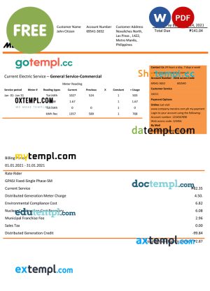 Philippines Manila Electric Company (Meralco) electricity bill sample template designed in Word format