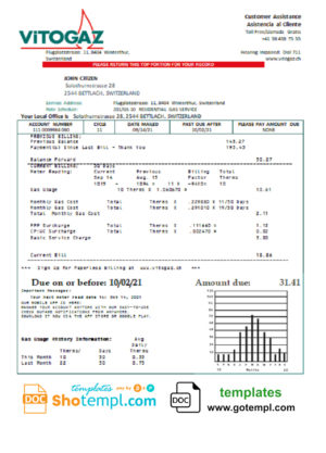 Switzerland Vitogaz Switzerland AG utility bill template, fully editable in Word and PDF format