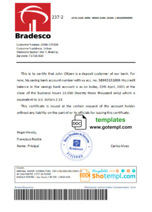 Brazil Bradesco bank reference letter template in Word and PDF format