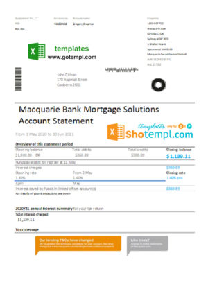 Australia Macquire Bank statement easy to fill template in Excel and PDF format
