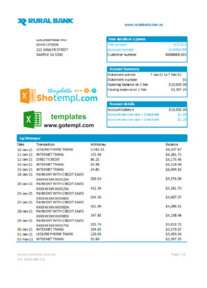 Australia Rural Bank statement easy to fill template in Excel and PDF format