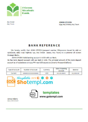 # green union bank universal multipurpose bank account reference template in Word and PDF format