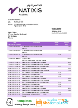 Algeria Natixis Algerie bank proof of address bank statement template in Word and PDF format