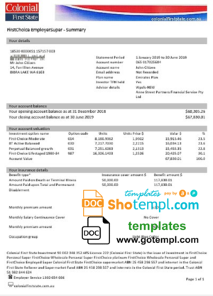 Australia Colonial First State bank statement template, Word and PDF format (.doc and .pdf)