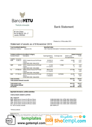 Angola Banco Yetu bank statement easy to fill template in Word and PDF format