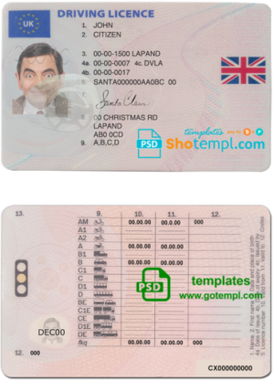 United Kingdom driving license  template in PSD Format, fully editable