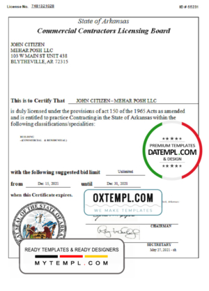 USA Arkansas Commercial Contractors License templates in Word and PDF format