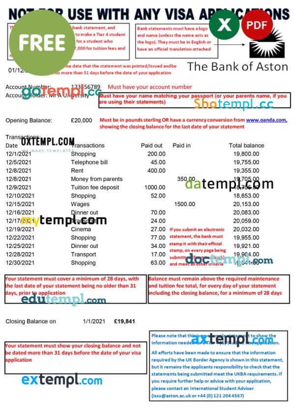 United Kingdom (UK) The Bank of Aston bank statement summary template designed in Excel & PDF formats