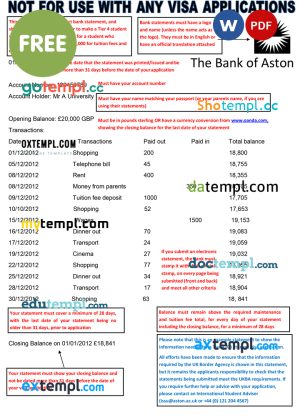 United Kingdom (UK) The Bank of Aston bank statement summary template designed in Word format