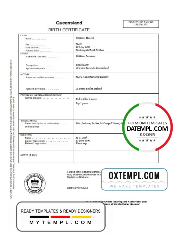 Australia Queensland birth certificate template in Word format