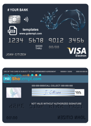 # action water universal multipurpose bank visa electron credit card template in PSD format, fully editable
