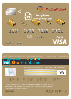 Albania ProCredit bank visa card debit card template in PSD format, fully editable