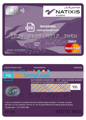 Algeria Natixis Algerie bank mastercard debit card template in PSD format, fully editable