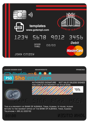 Albania Bank of Albania bank mastercard debit card template in PSD format, fully editable