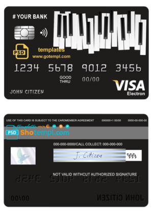 # bay piano universal multipurpose bank visa electron credit card template in PSD format, fully editable