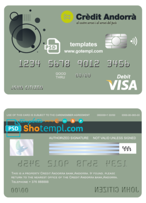 Andorra Credit Andorra bank visa card debit card template in PSD format, fully editable
