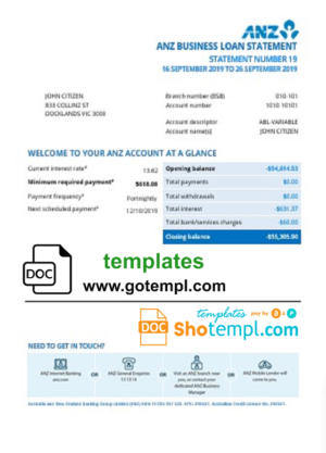 Australia ANZ proof of address bank statement template in .doc and .pdf format, fully editable