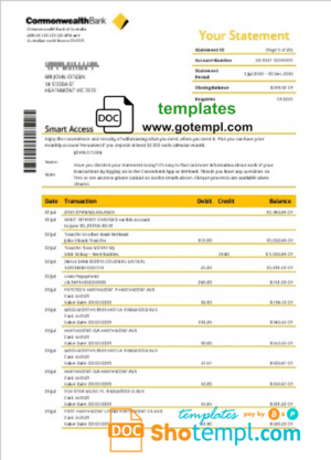Australia Commonwealth bank statement template in Word and PDF format, good for address prove