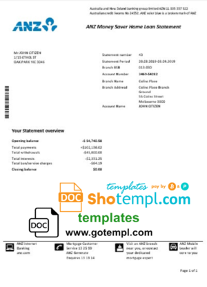 Australia ANZ proof of address bank statement template in Word and PDF format