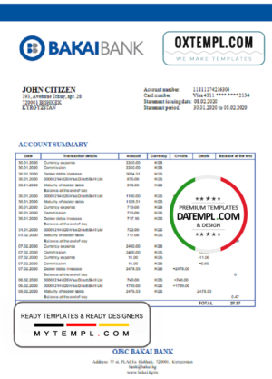 Kyrgyzstan OJSC Bakai Bank proof of address bank statement template in Word and PDF format