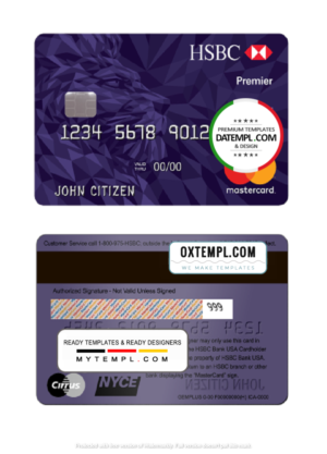 USA HSBC Bank MasterCard Premier World Credit Card template in PSD format, fully editable