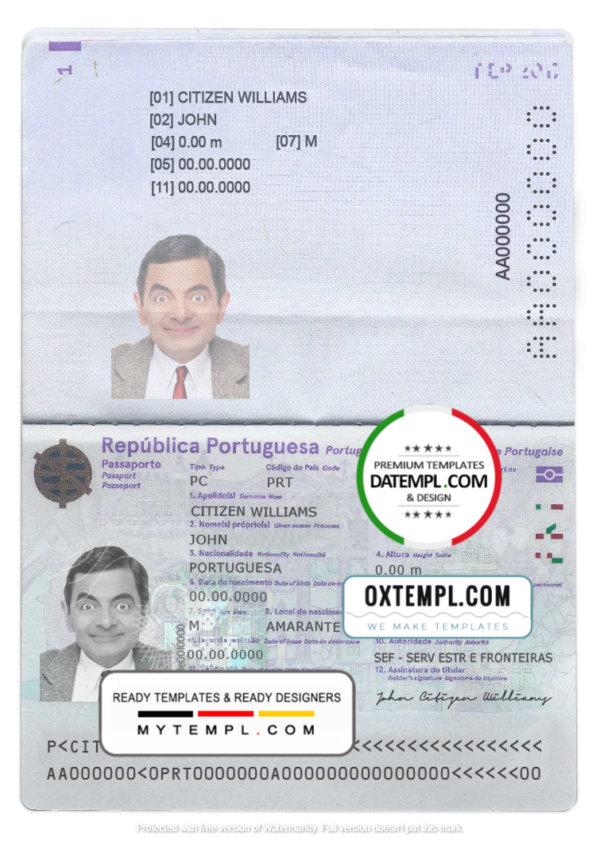 Portugal passport template in PSD format, fully editable (2017- present)