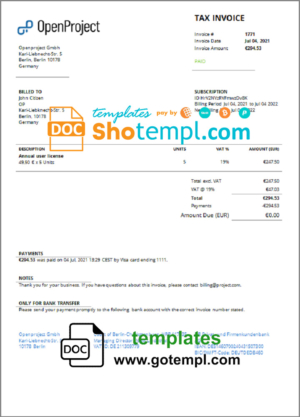 Germany OpenProject leading open source project management software invoice template in Word and PDF format, fully editable