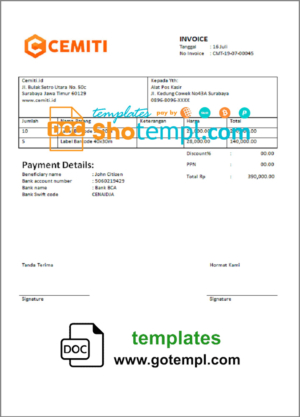 India Cemiti sports electronic community invoice template in Word and PDF format, fully editable