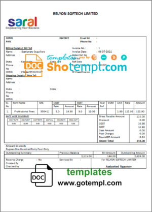 India Saral cooperative altimetry technology mission invoice template in Word and PDF format, fully editable