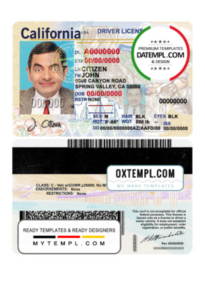 USA state California driving license template in PSD format (2018, January - present)