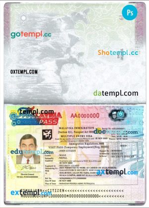 Malaysia multiple entry visa template in PSD format, fully editable