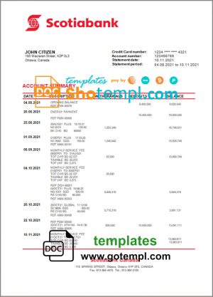 Canada Scotiabank bank statement template in Word and PDF format