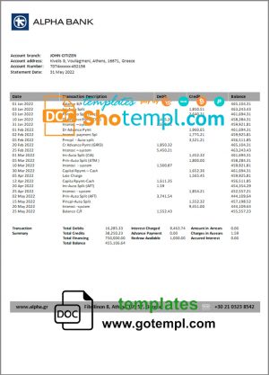 Greece Alpha bank statement template in Word and PDF format