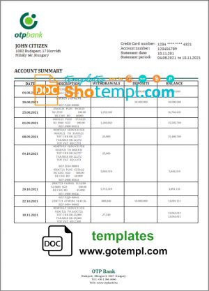 Hungary OTP Bank statement template in Word and PDF format