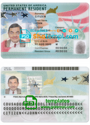 USA green card, permanent resident card template in PSD format, fully editable (2020 - present)