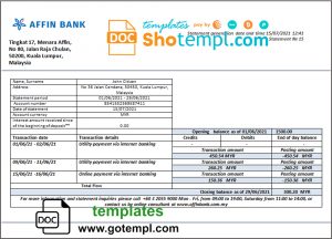 Malaysia Affin bank statement template in Word and PDF format