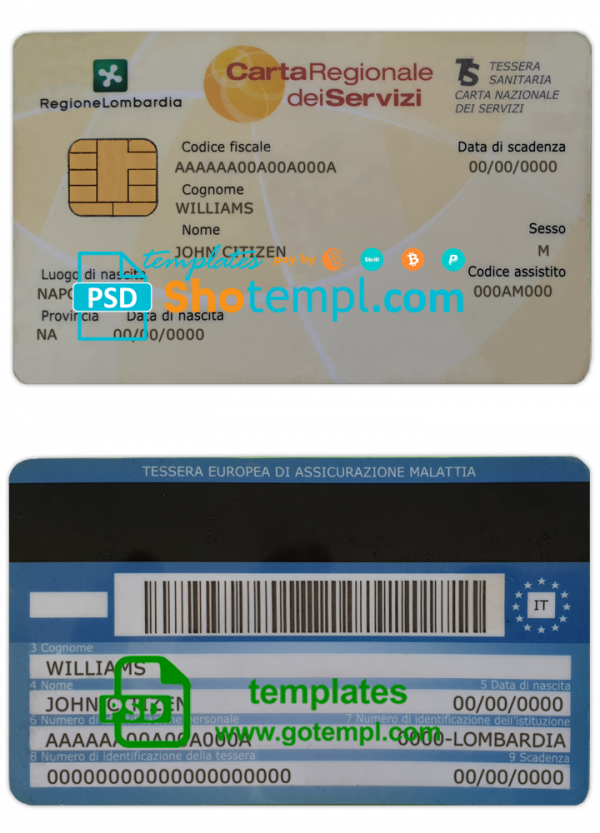 Italy health insurance card (Tessera sanitaria) template in PSD format, fully editable