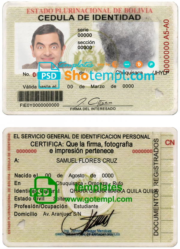 Bolivia ID card template in PSD format, fully editable
